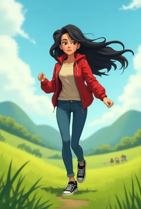 Animated image of black-haired woman red jacket black sneakers in the field jeans pants