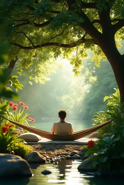 Create an image of a peaceful ASMR relaxation space set in a lush green environment. Picture a comfortable hammock or a soft mat placed under a large tree, surrounded by vibrant plants and flowers. Include soft cushions, gentle sunlight filtering through t...