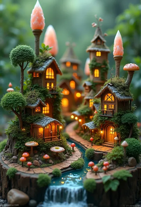 A detailed microscopic cityscape nestled in the soil and roots of a potted plant. It features intricate houses, winding roads, a waterfront promenade, and tiny cafes made of vines, mushrooms, and leaves. Organic skyscrapers of crystals and towering plant s...