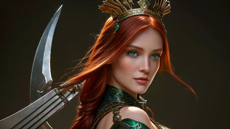 "8k, Canon EOS 1DX MKII, redhead, green eyes, a close-up of a woman in an outfit with a sword, fantasy art, a beautiful fantasy empress, epic and exquisite character art."