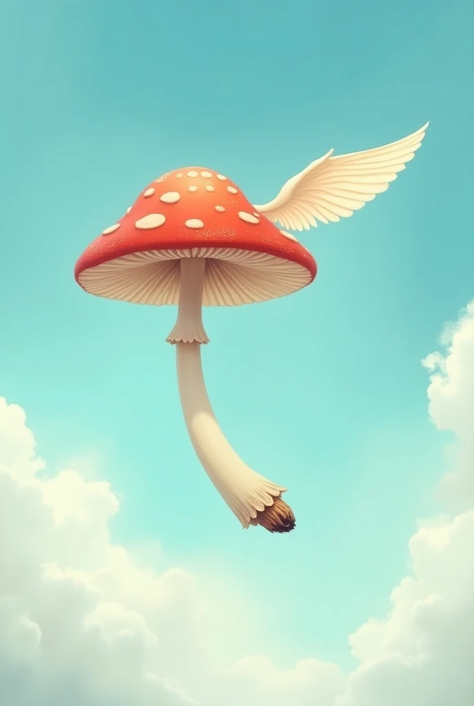 Generate a picture that show a mushroom have a wing and it on sky