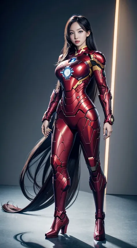 Full Body Photo. Studio Background. 8k HD good quality image. Hot Korean woman has an ideal body, big breast, big butt, sexy wavy body, straight long hair, wearing a Golden Iron Man armor without the helmet. FULL BODY FROM HEAD TO TOE. Standing in a FULL H...