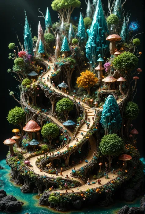 A detailed microscopic cityscape nestled in the soil and roots of a potted plant. It features intricate houses, winding roads, a waterfront promenade, and tiny cafes made of vines, mushrooms, and leaves. Organic skyscrapers of crystals and towering plant s...