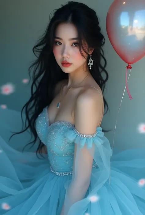 A beautiful woman with a beautiful plump white face in a long dress with shiny blue with a balloon in her hand black hair