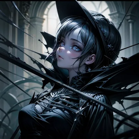 (A girl with)  Gothic lighting with aura effect ,  Realistic Gothic style artwork .,  detailed skeleton impaling itself with a sword around his neck, dark atmospheric background , High resolution masterpiece:1.2,  Ultra-fine painting , professional,  brigh...