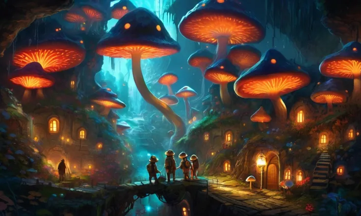 (underground world) A cavernous roof hangs over a city of glowing mushrooms. Mole men go about city life with little lighted miners helmets