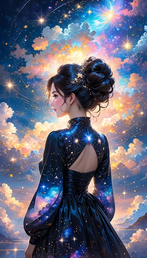 This image depicts the back view of a person with dark hair styled in an intricate, large updo. The hair is adorned with small, star-like sparkles. The background features a starry, cosmic scene with glowing clouds and bright points of light, creating a dr...