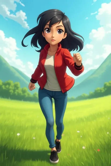 Animated image of black-haired woman red jacket black sneakers in the field jeans pants