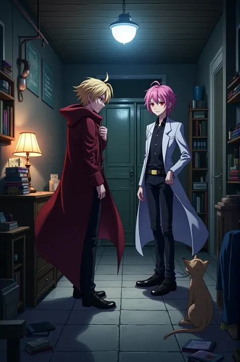  Basement of a house with the following characters,  Astolfo de Fate , Felix from re :Zero,  Kurapika from HxH 