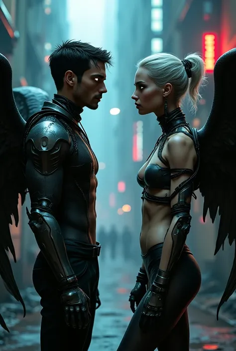 Couple of cyberpunk angels, man and woman, with photographic details in hyperrealistic 8k 