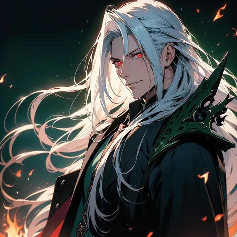 masterpiece, best quality, official art, unity 8k wallpaper, ultra detailed, aesthetic, High quality a handsome man with long straight white hair pale blue skin, Red eyes looking at the camera. He is wearing black clothes that look demonic .  Magic skulls ...