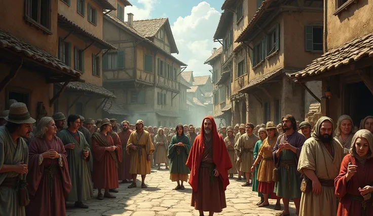  people from the 17th century starting to be suffocated by the summer heat:  Detailed illustration of an ancient medieval European city ,  showing narrow streets with wooden and stone houses , people on the street  ( with small green lines that simulate ba...