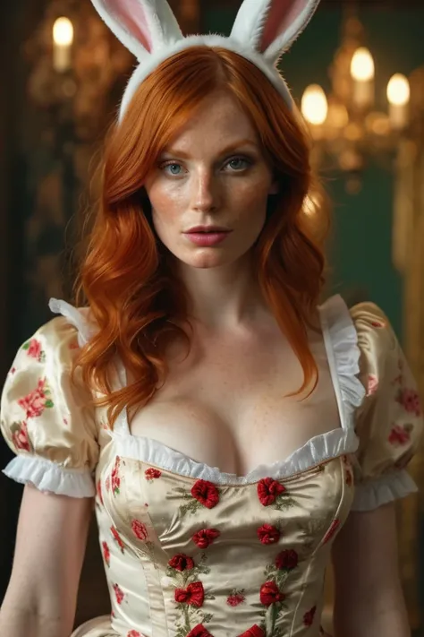 realistic, 4K , (red habit alice)  photo of a beautiful redheaded woman wearing a bunny outfit, detailed texture ,  smells detailed skin
