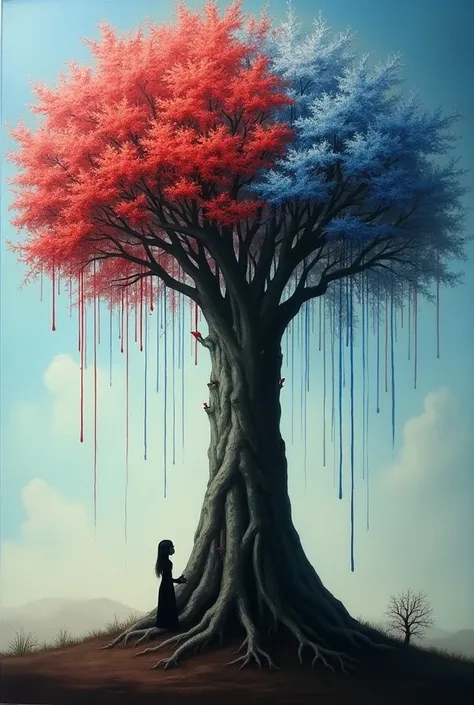  The painting depicts a huge towering tree ,   the trunk is sturdy and the roots grip the earth firmly .   Its branches stretch to the sky ,   resembles a hand fingering a dream .   The tree is decorated with blood-red and sky-blue flowers ,   symbolizes l...