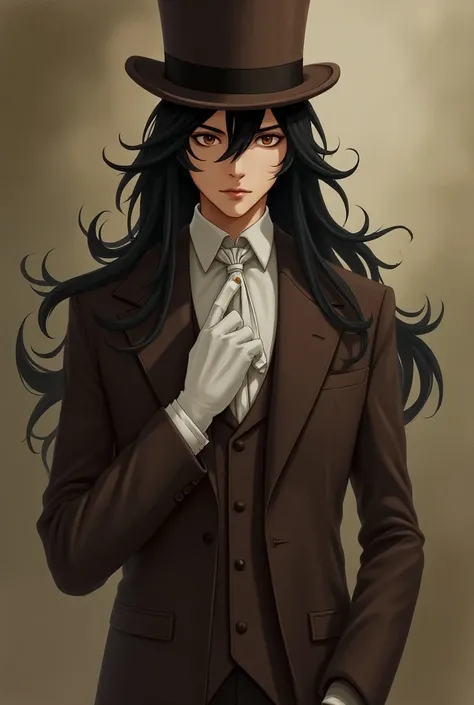 Anime with long black hair and a brown top hat, brown suit and white gloves