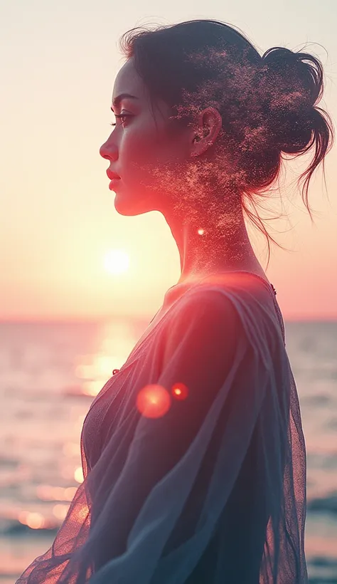 high quality, 8K Ultra HD, A beautiful double exposure that combines an goddess silhouette with sunset coast, sunset coast should serve as the underlying backdrop, with its details incorporated into the goddess , crisp lines, The background is monochrome, ...