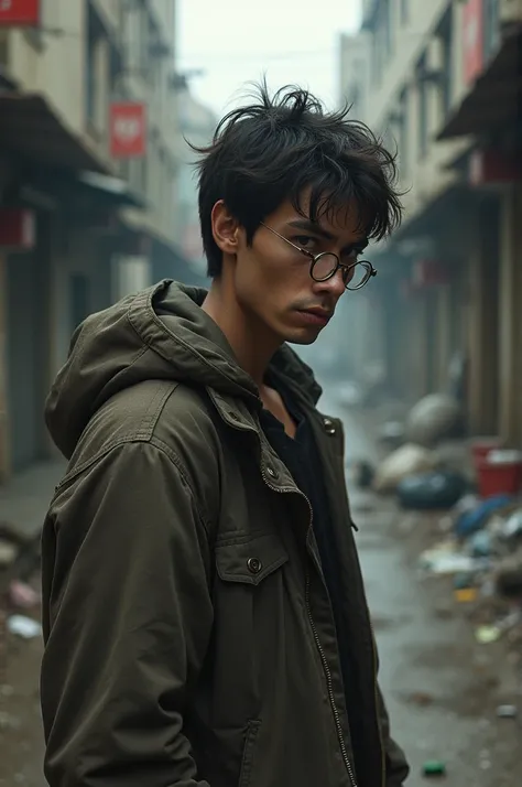 A young man with a thin face who wears thin glasses as a homeless person