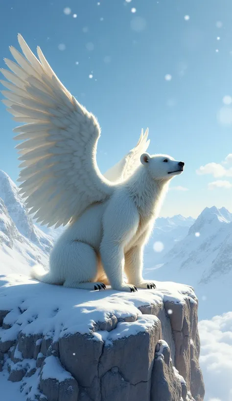 On a high, snow-capped mountain, a Snowy Griffin-Bear stands proudly against the backdrop of a winter sky. Its large, furry body combines the strength of a bear with the magnificent wings of a griffin, feathers dusted with snow. As it spreads its wings, a ...