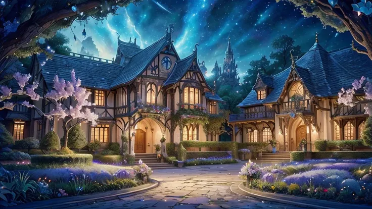 ((masterpiece)),((Best Quality)),(( high detail)), background, nobody, fantasy, Elf Country, Gem Trees ,  Curved Architecture , Delicate decoration,  Crystal Ornaments , Colorful flowers,  Pastel Wind, Beautiful Garden, Starry Sky