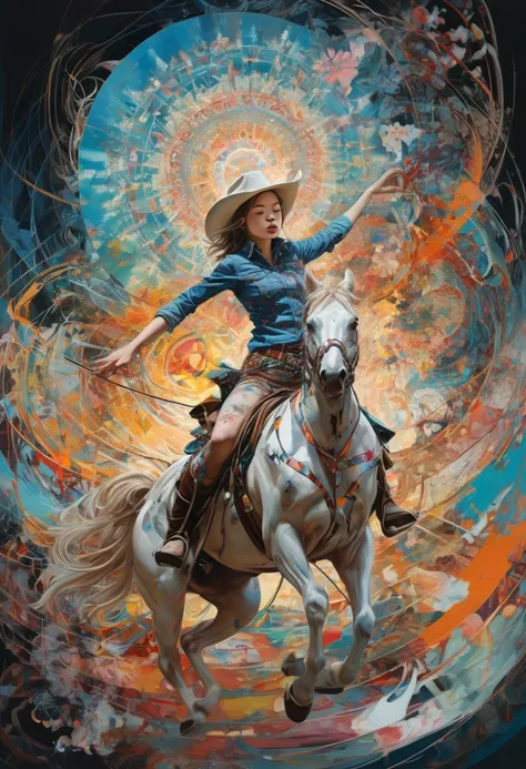 official art,  unit 8k wallpaper , ultra detailed, beautiful and aesthetic,  masterpiece,  the best quality, (zenplot, mandala, plot, enplot), (fractal art:1.3) , 1 girl, extremely detailed, dynamic angle,  cowboy pull, the most beautiful form of chaos, el...