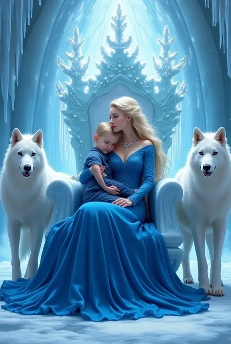 An ice queen with her son. Both in blue gown and royal suit having blonde hair. Her son sitting on her lap, she sitting on her ice throne with two white wolfs by their sides