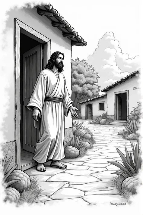  Image of Jesus Christ entering a house and showing the house more broadly, on a stylonde hand-drawn black and white image 