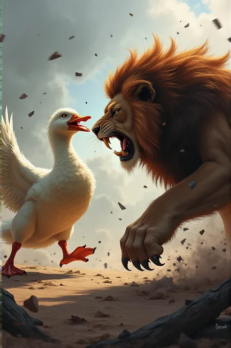  Draw me a picture with a WARLIKE duck and a WARLIKE lion together in war and with the CAPTION "LDE " 