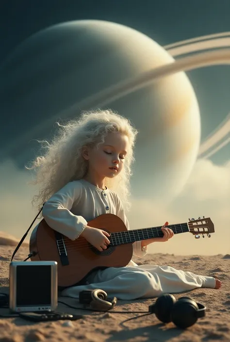 A girl with long curly hair and white skin ,  curly haired, white-skinned man on Saturn listening to music with guitar, a radio and headphones lying on the floor 