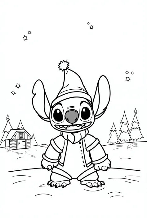 Coloring page stich with Christmas elf at the North Pole