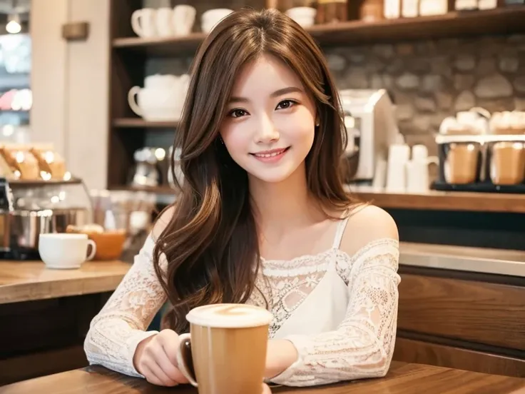 woman with long reddish-brown hair smiles warmly while sitting in a cozy, modern café. She is dressed in a delicate white lace top, exuding a relaxed yet stylish vibe. The café background features soft lighting, a coffee machine, and cups arranged neatly, ...