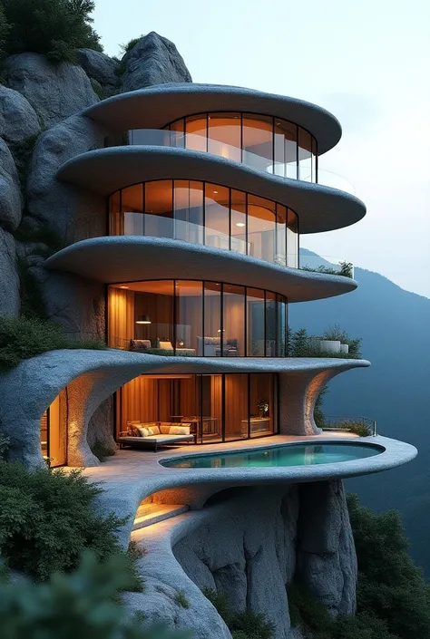 Create an image of a multi-storey house that blends into the rocky cliff. The house should have curved glass walls that reveal warm interior lighting. Each floor should have a balcony with a flowing and organic shape, and the lowest floor should have a poo...