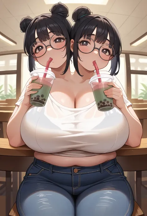 2heads, a chunky woman with 2 heads. she is wearing a crop-top and jeans. she is inside a restaurant. large circular glasses. so...