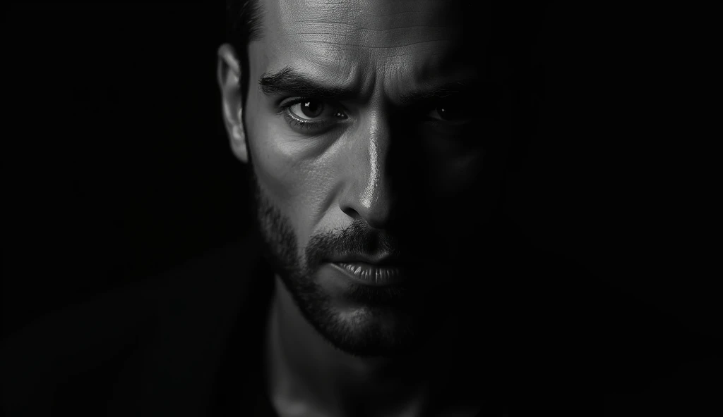 black and white guy face, with black background