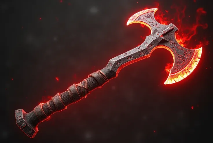 Make a war axe made with the energy of anger, The main color is red 