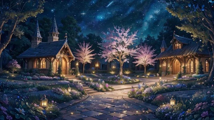 ((masterpiece)),((Best Quality)),(( high detail)), background, nobody, fantasy, Elf Country, Gem Trees , curved design, Delicate decoration,  Crystal Ornaments , Colorful flowers,  Pastel Wind, Beautiful Garden, Starry Sky, Stained Glass