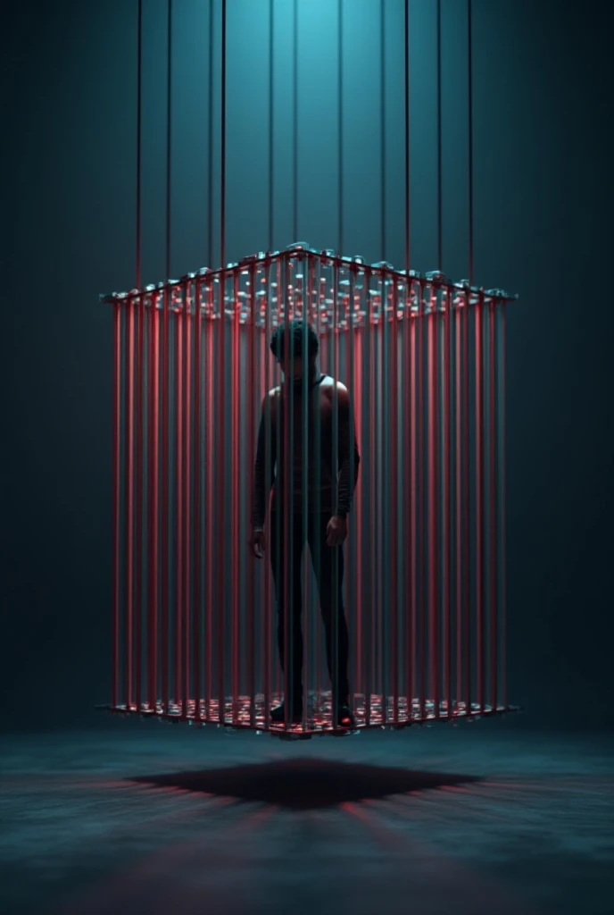 A 3d cube cage with colored bars
A man inside 