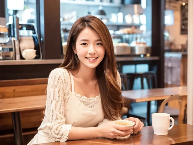 woman with long reddish-brown hair smiles warmly while sitting in a cozy, modern café. She is dressed in a delicate white lace top, exuding a relaxed yet stylish vibe. The café background features soft lighting, a coffee machine, and cups arranged neatly, ...