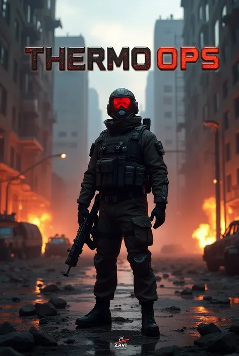 The main loading screen of "Thermo Ops," developed by Zavi Games, features an intense, high-energy visual design. The background is a post-apocalyptic urban war zone, filled with destroyed buildings, blazing fires, and futuristic military vehicles moving t...