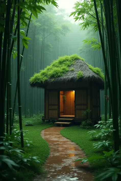 Create an image of a small, traditional hut with a thatched roof covered in greenery, situated in a lush bamboo forest. The scene is during rainfall, enhancing the vibrant green colors of the forest and the huts surroundings. A narrow path leads to the hut...