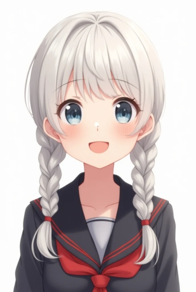 A smiling girl，Long white hair，tied in braids，Blue Eyes，Wearing a black and red sailor uniform，White background，Half-length photo