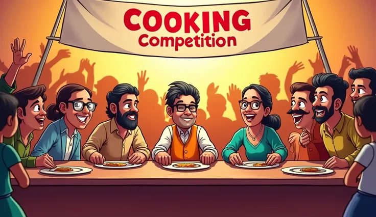 Cartoon indian judges were sitting on a table under the big  banner of cooking competition and indian crowd of people cheering around them