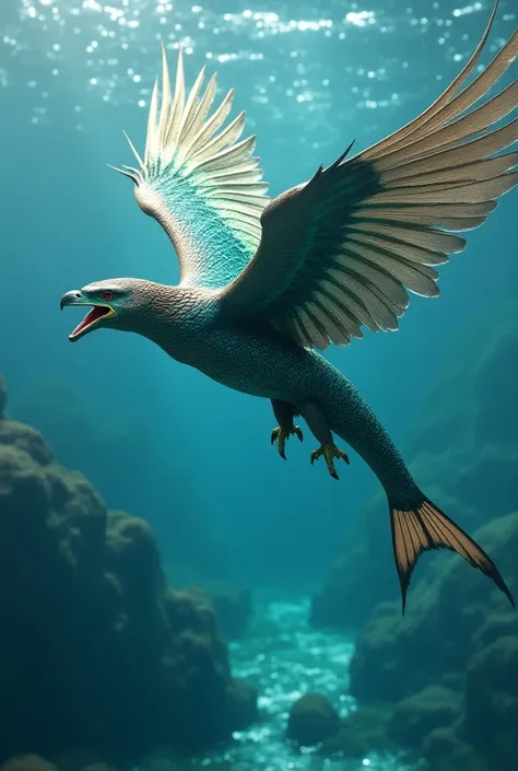 "Imagine a majestic creature with the body of a sleek fish, shimmering scales in shades of blue and green, and the powerful wings of an eagle, featuring intricate feather patterns. Its head combines the sharp, keen features of an eagle, complete with a hoo...