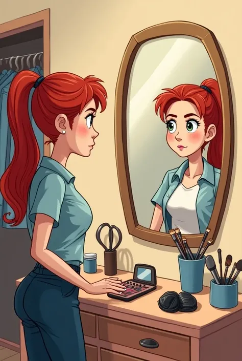 Cartoon of a mirror showing a beautiful 33-year-old girl ,  white skin, Red hair,  dressed in clothes to go out to look for work ,   is standing in front of the mirror in her room , with her two hands pulling her hair together with a tail,   to finish gett...