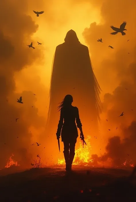 An image of the shadow of a woman with her back walking through fire and flames  , the sky in the image is filled with burnt orange smoke and full of flying crows,  one of her hands is with a small knife and blood is flowing in the other she is walking tow...