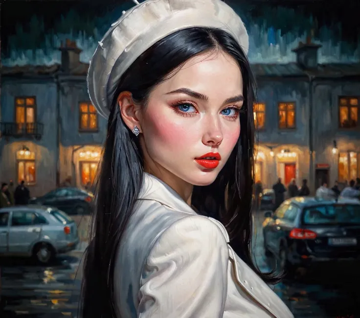 Realistic oil painting illustrated ,mujer joven beautiful parada de perfil, long jet-black hair ironed straight perfectly combed backwards combed backwards,white beret,SAPPHIRE BLUE EYES, long eyelashes , pale white skin tone ,porcelain skin,red plump lips...