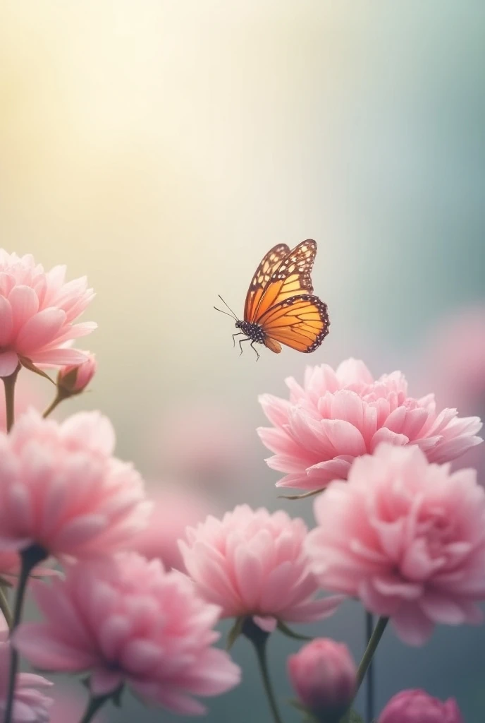 Design an image depicting a slow-motion scene of a butterfly gracefully fluttering among blooming flowers, with soft, pastel colors and a dreamy background that conveys a feeling of relaxation and calmness.

