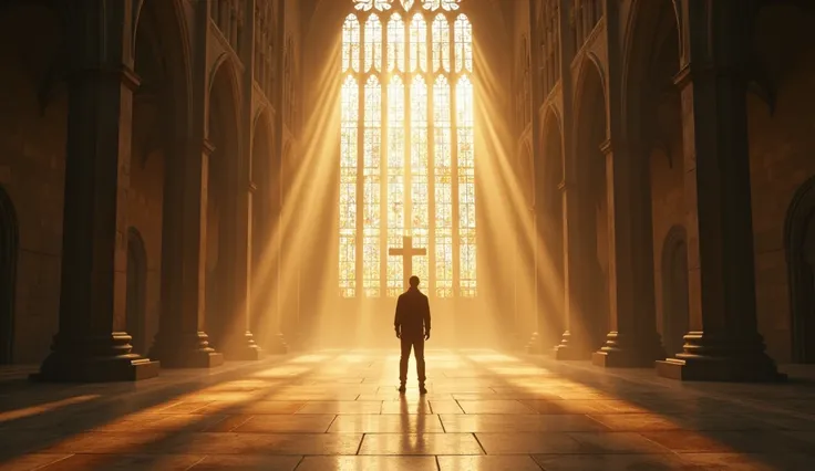 A full-body shot of a man standing in the middle of a grand, empty cathedral, his silhouette dwarfed by the towering stained-glass windows, symbolizing the vast void within that only a relationship with God can fulfill, with rays of golden sunlight streami...