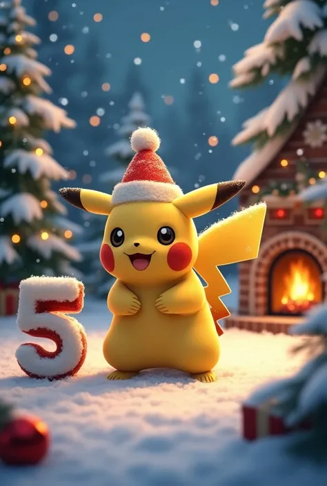 Pokemon on a Christmas background with a number five