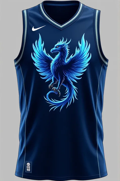 Dark Blue, indigo, and blue Basketball jersey with a dark blue gryphon in azure flames with text "Azure Gryphons" on the chest
