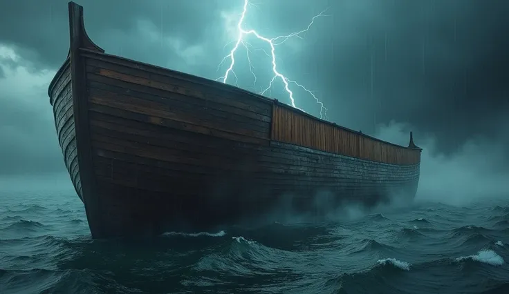 a large wooden boat one hundred meters long by twenty meters wide, like Noahs ark mentioned in the Bible; in the center of the side wall of the boat there is a closed raised gate; torrential rain; with dark clouds, lightning and strong winds in the backgro...